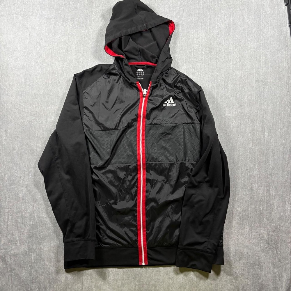 Adidas black windbreaker jacket with red accents